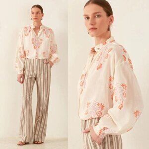 NEW Alix of Bohemia Poet Cotton Floral Ruffle Collar Blouse Papaya Aster Size: S